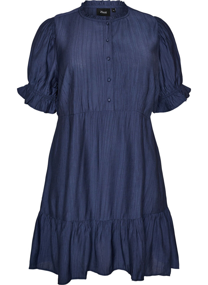 Kurzes Kleid aus Viskose mit R&uuml;schendetails, Blau, Packshot image number 0