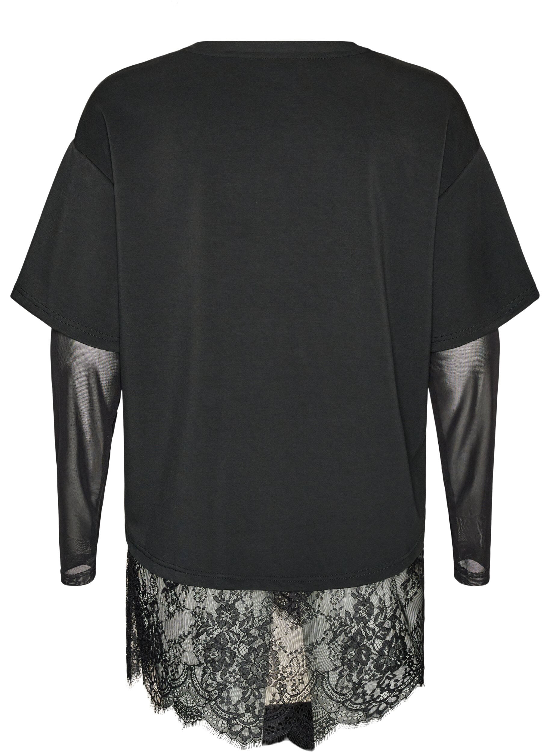 ZizziBlouse avec manches en maille et finitions en dentelle, Noir, Packshot image number 1