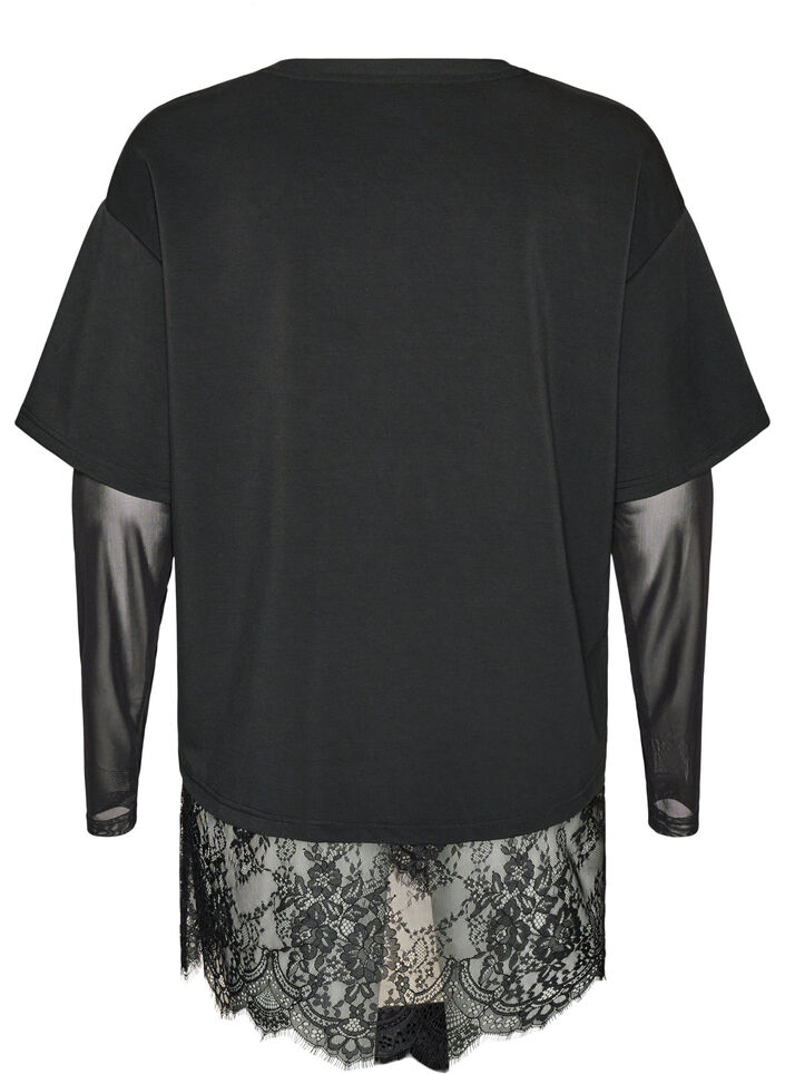 Blouse avec manches en maille et finitions en dentelle, Noir, Packshot image number 1