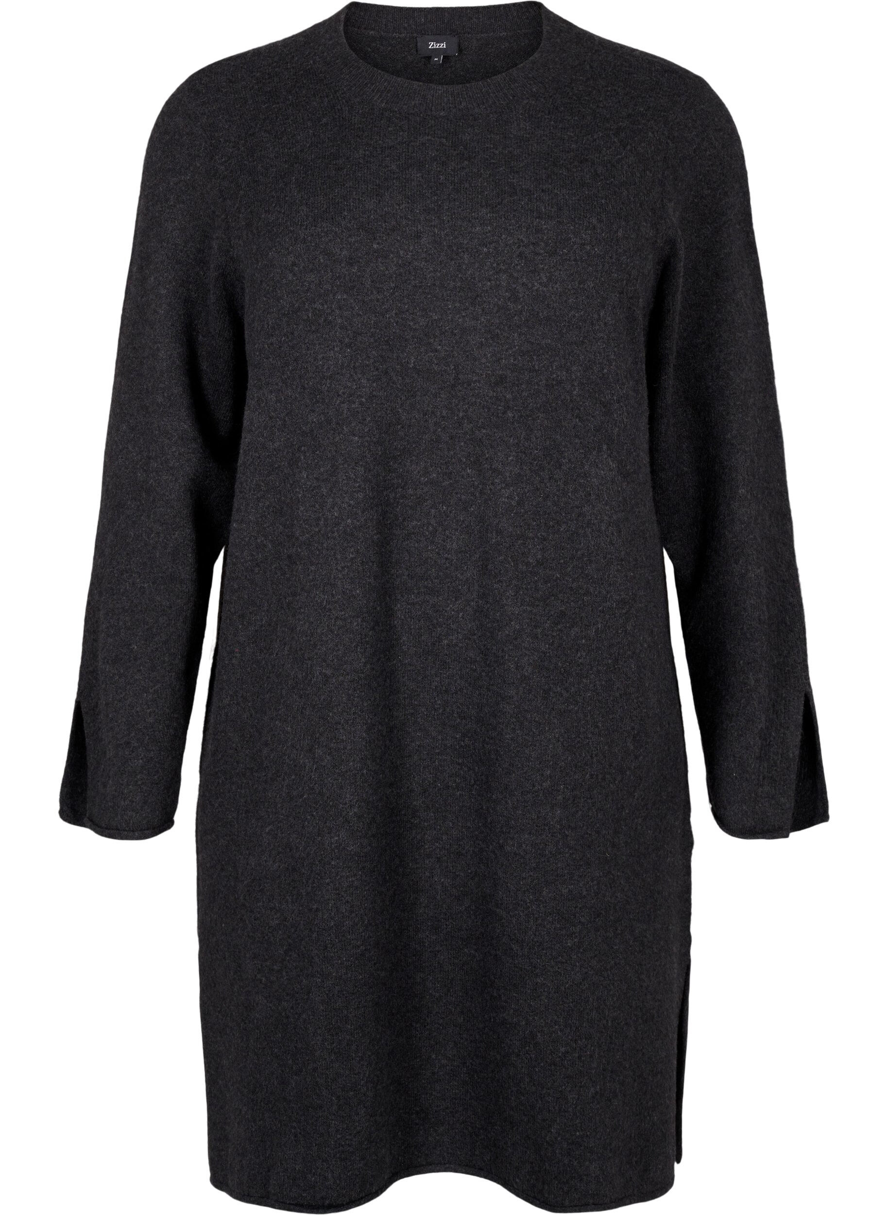 Zizzi Robe en maille &agrave; col rond et fendue, Dark Grey Melange, Packshot image number 0
