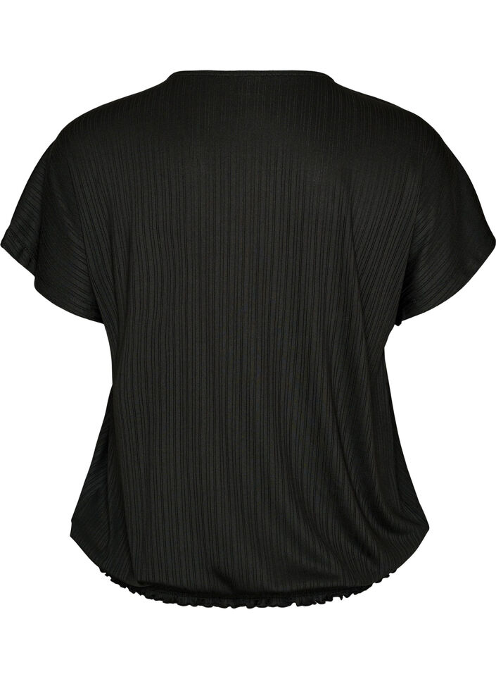 Jersey-Bluse mit strukturierten Streifen und Smocksaum, Schwarz, Packshot image number 1