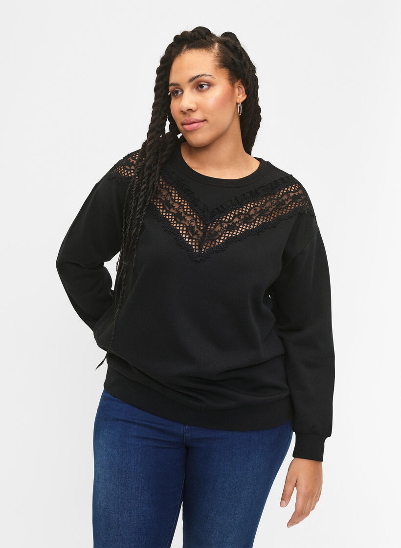 Sweatshirt mit Rüschen und Häkeldetail, Black, Model image number 0