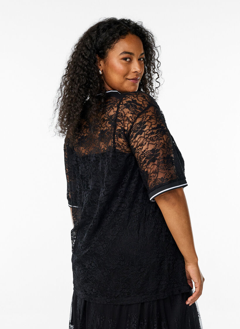 T-shirt sportif en dentelle coupe ample, Noir, Model image number 2