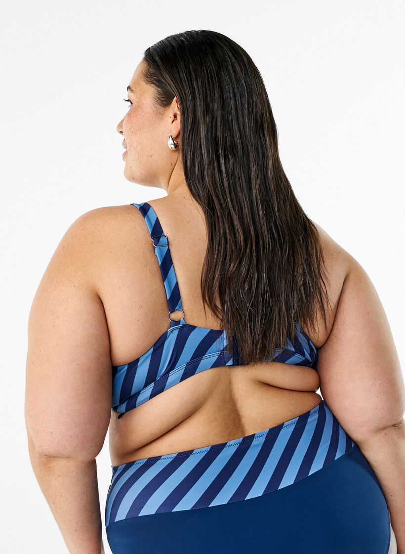Haut de bikini triangle avec rayures et détails drapés, Bleu, Model image number 2