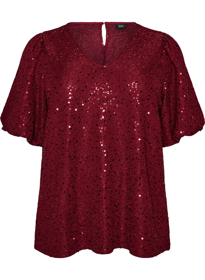 Blouse &agrave; sequins avec manches ballon, Bordeaux, Packshot image number 0