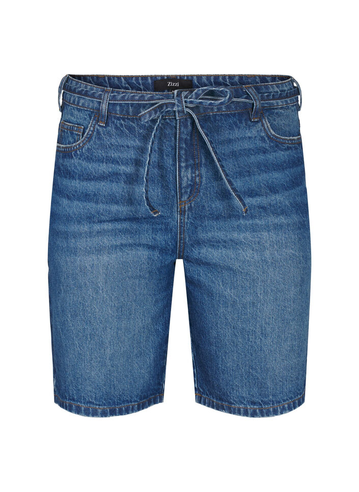Short en jean coupe slim avec ceinture &agrave; nouer, Bleu, Packshot