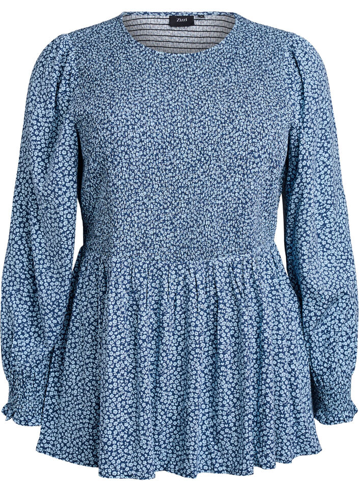 Bluse mit gesmoktem Oberteil und gebl&uuml;mtem Print, Blau, Packshot image number 0