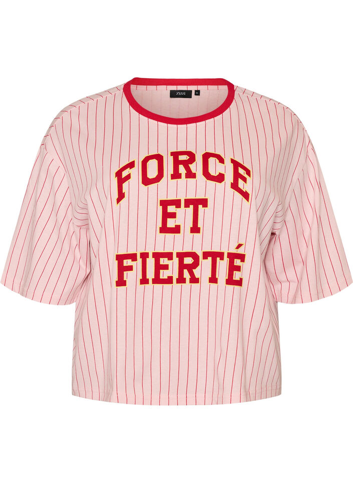 T-shirt boxy &agrave; rayures avec imprim&eacute; statement, Rose, Packshot image number 0