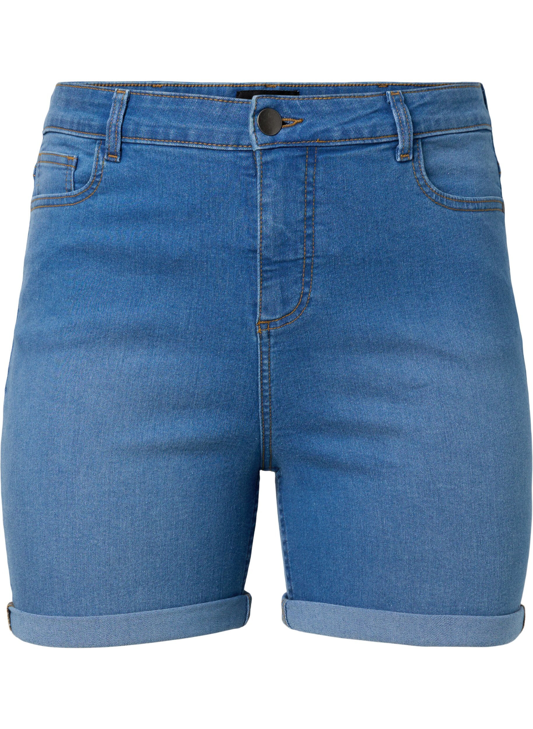 Zizzi Short en jean &agrave; taille haute et coupe ajust&eacute;e, Medium Blue Denim, Packshot image number 0