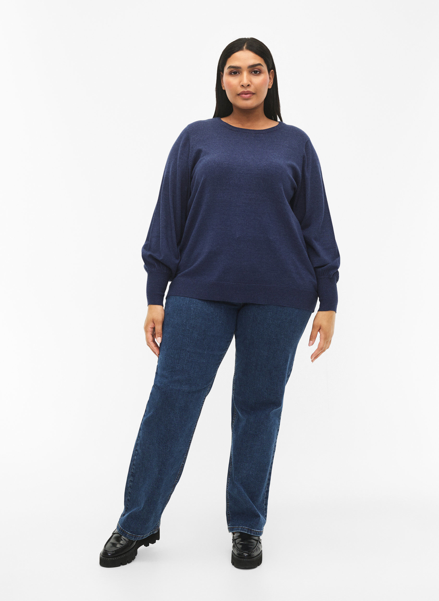 Zizzi Blouse en maille viscose et manches bouffantes, Dress Blues Mel., Model image number 2