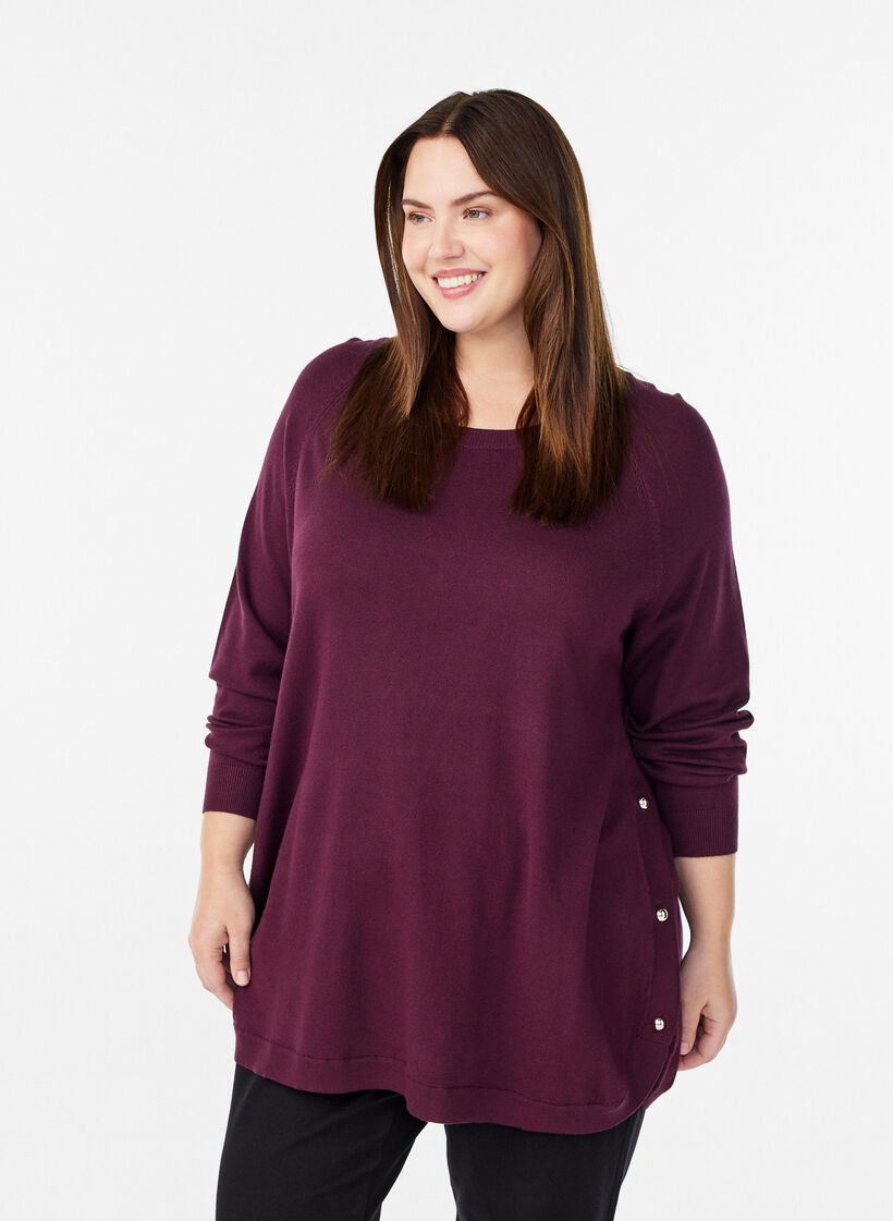 Blouse en maille avec boutons sur le c&ocirc;t&eacute;, Bordeaux, Model image number 0