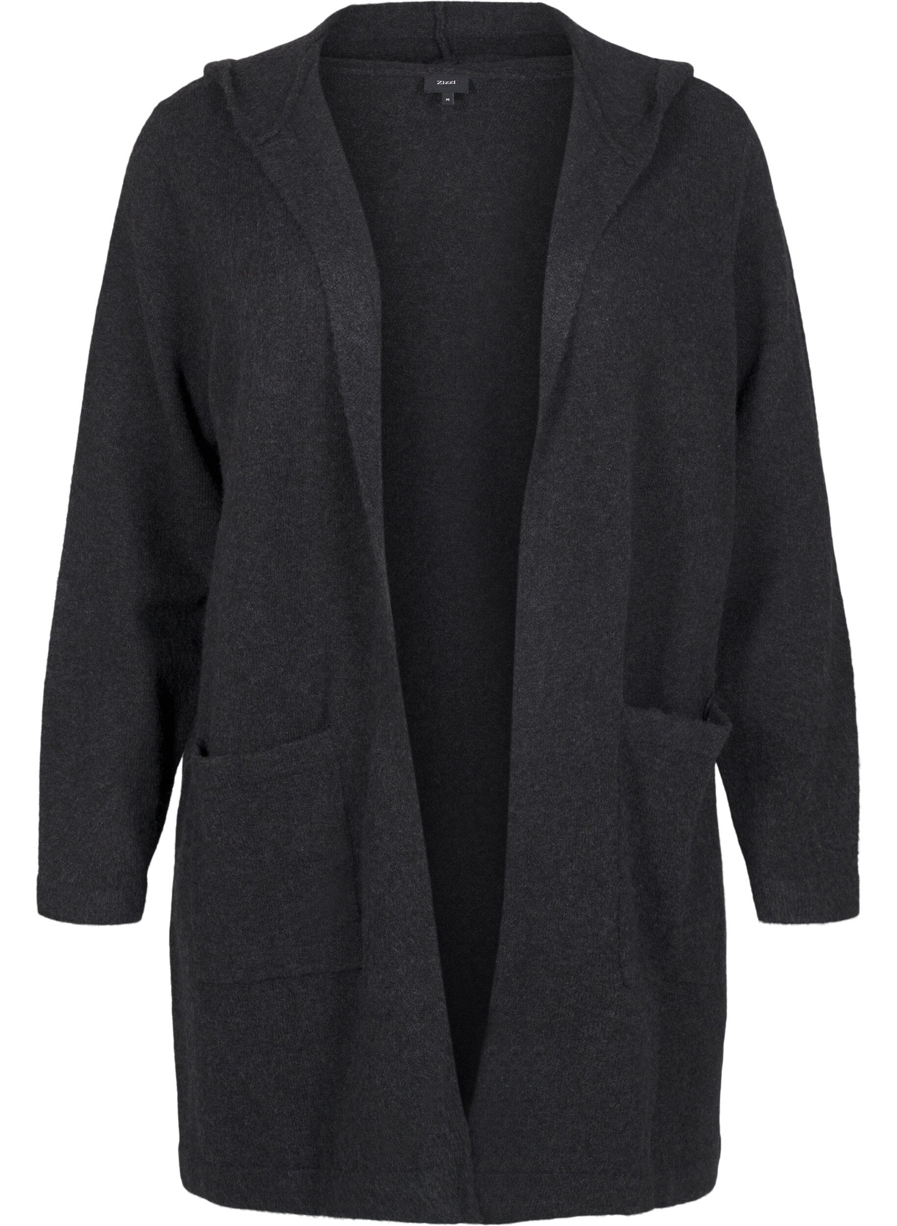 Zizzi Cardigan long tricot&eacute; contenant de la laine et capuche, Dark Grey Melange, Packshot image number 0