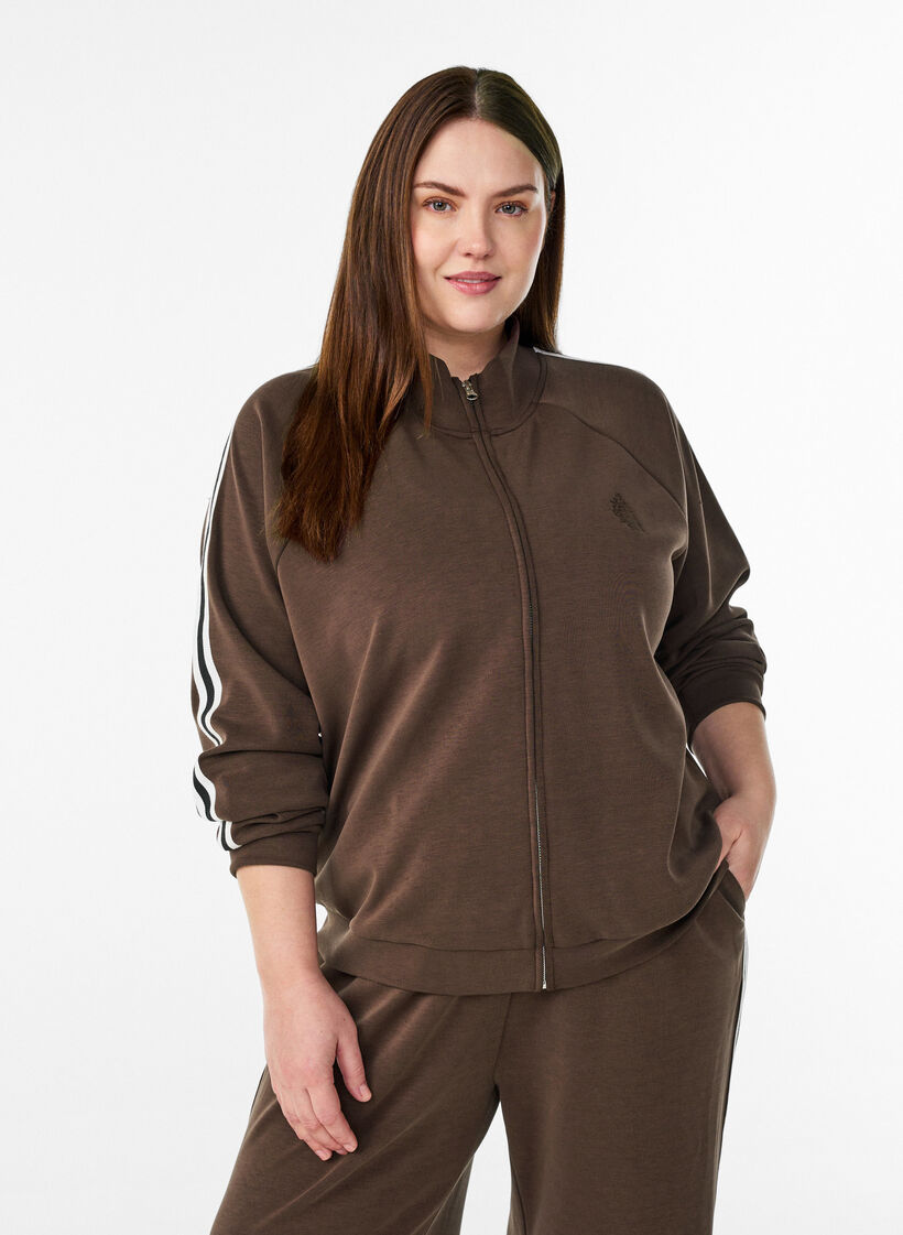 Haut de sport &agrave; col montant avec des rayures sur les manches, Marron, Model image number 0