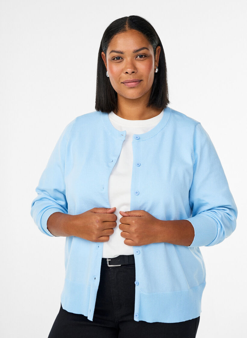Feinstrick-Strickjacke mit Rundhalsausschnitt, Blau, Model image number 0