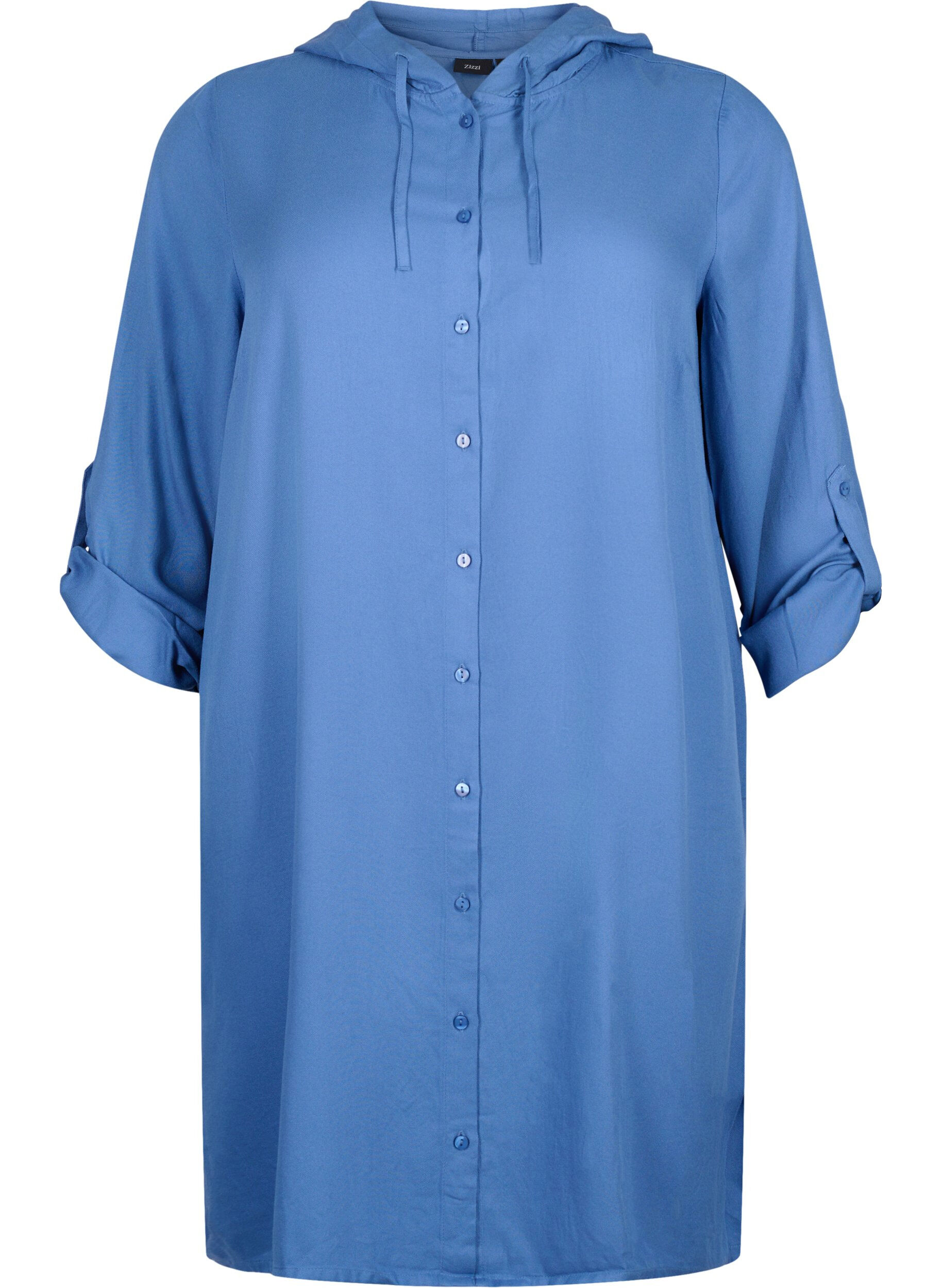 Zizzi Robe chemise en viscose avec capuche et manches 3/4, Moonlight Blue, Packshot image number 0