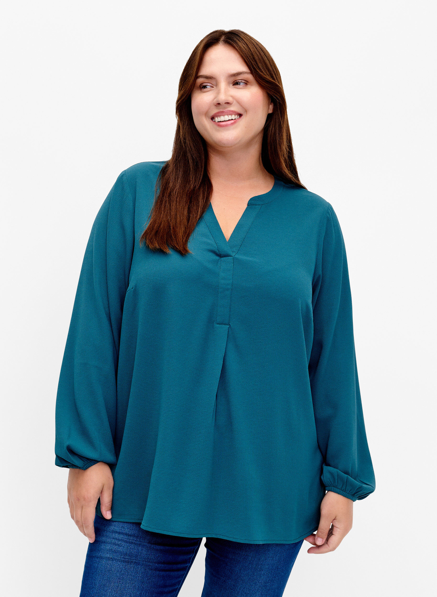 Zizzi Haut de couleur unie avec col en V, Deep Teal, Model image number 0