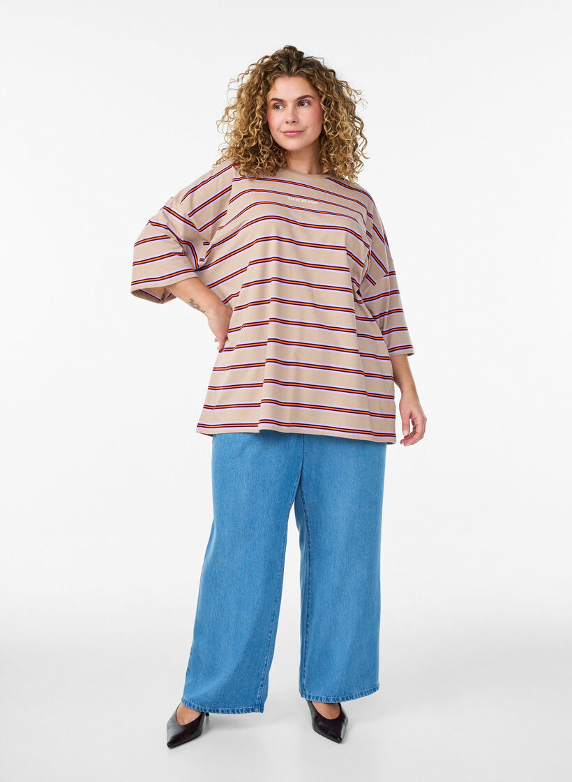 T-shirt oversize &agrave; rayures et manches 1/2, Beige, Model image number 1