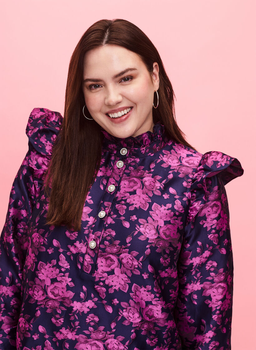 Robe avec détail de volant et boutons de perles, Dark Blue Pink, Model image number 2