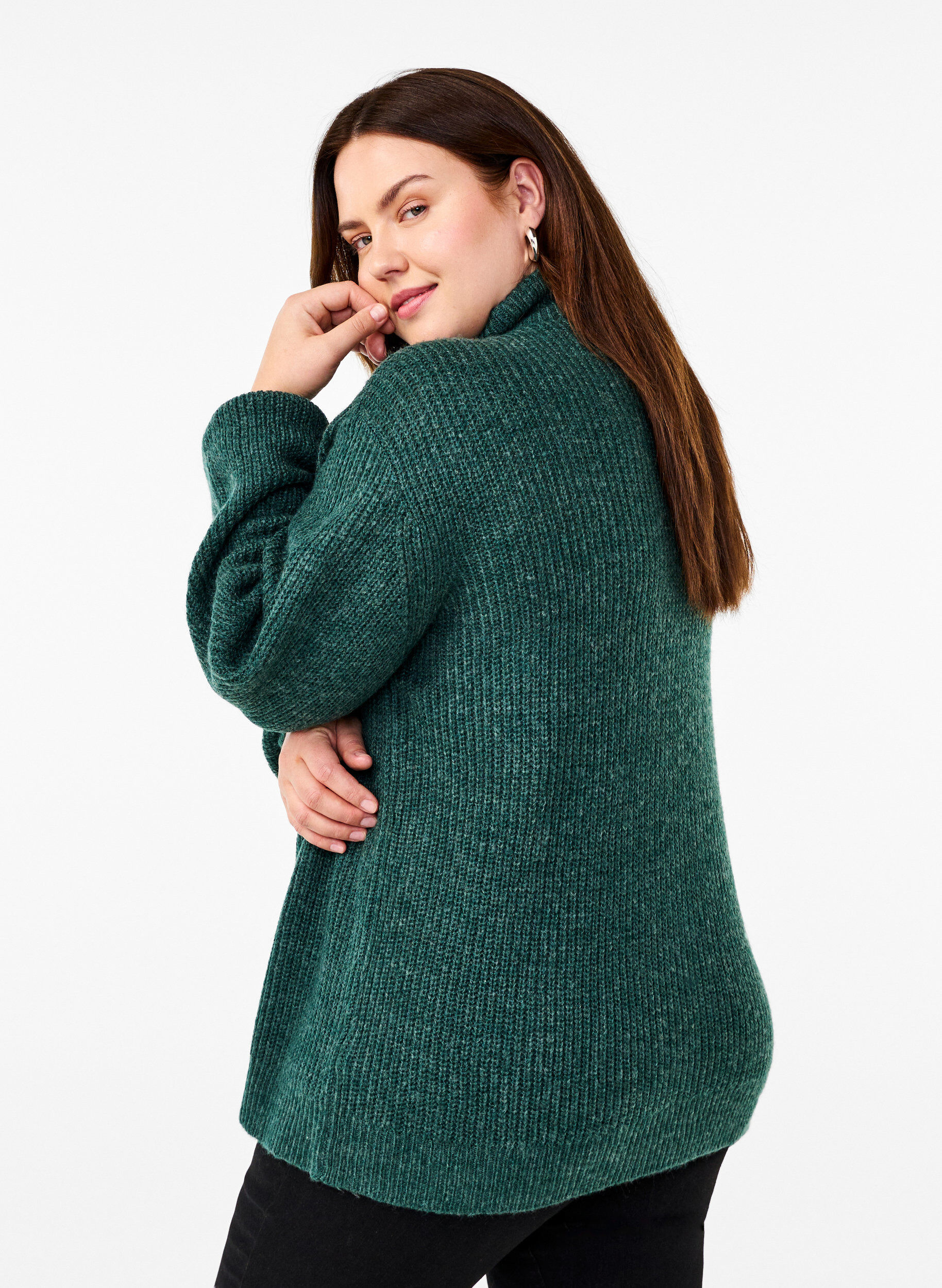 ZizziPull en tricot avec col haut et fermeture &eacute;clair, Vert fonc&eacute;, Model image number 2