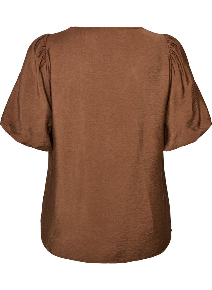 Bluse mit Ballon&auml;rmeln und V-Ausschnitt, Braun, Packshot image number 1