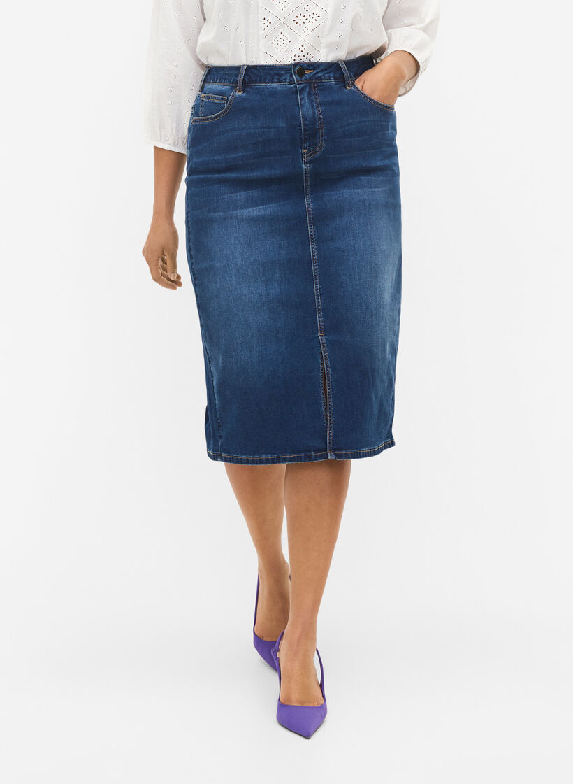 Jupe midi en jean avec fente, Bleu, Model image number 3