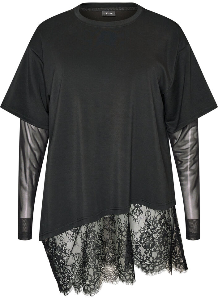Blouse avec manches en maille et finitions en dentelle, Noir, Packshot image number 0