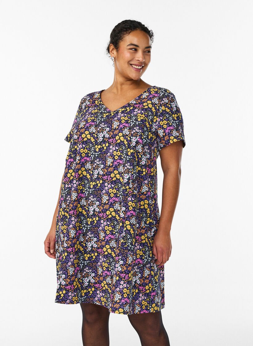 Kurzes A-Linien-Kleid mit floralem Print, Blau, Model image number 0