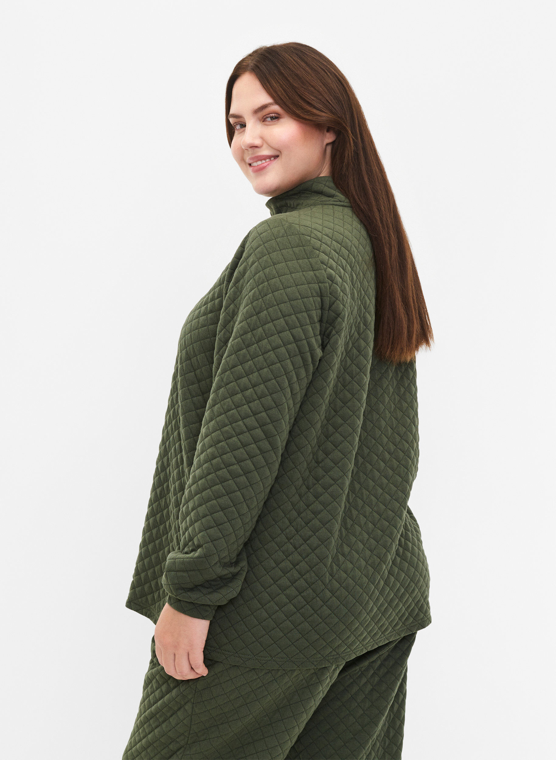 Zizzi Gestepptes Sweatshirt mit Rei&szlig;verschluss, Thyme, Model image number 1