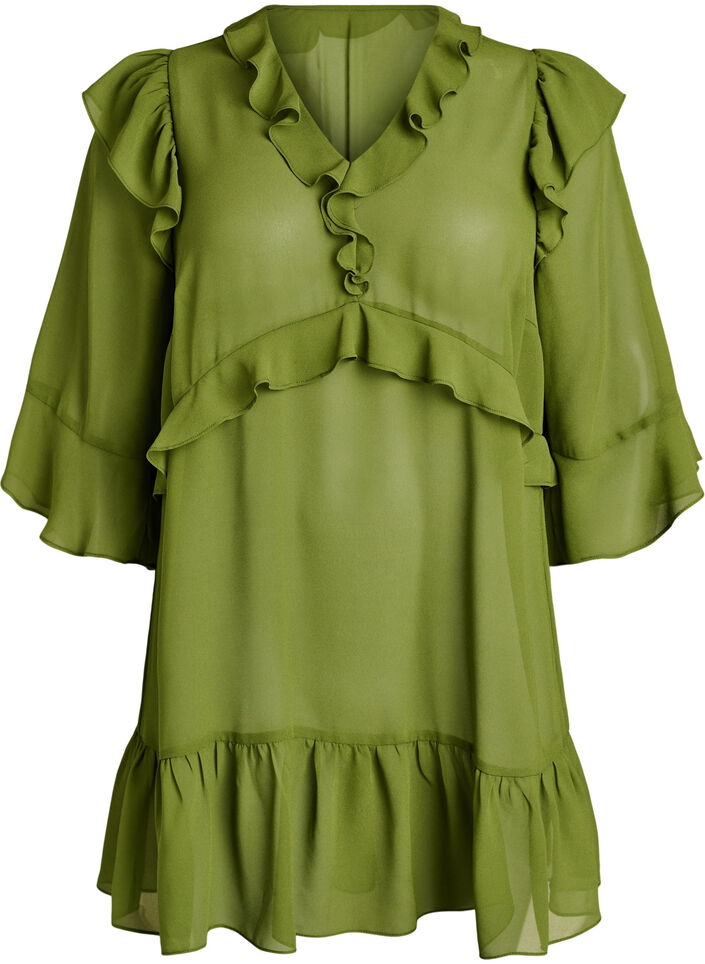 Leichtes Kleid mit R&uuml;schen und V-Ausschnitt, Gr&uuml;n, Packshot image number 0