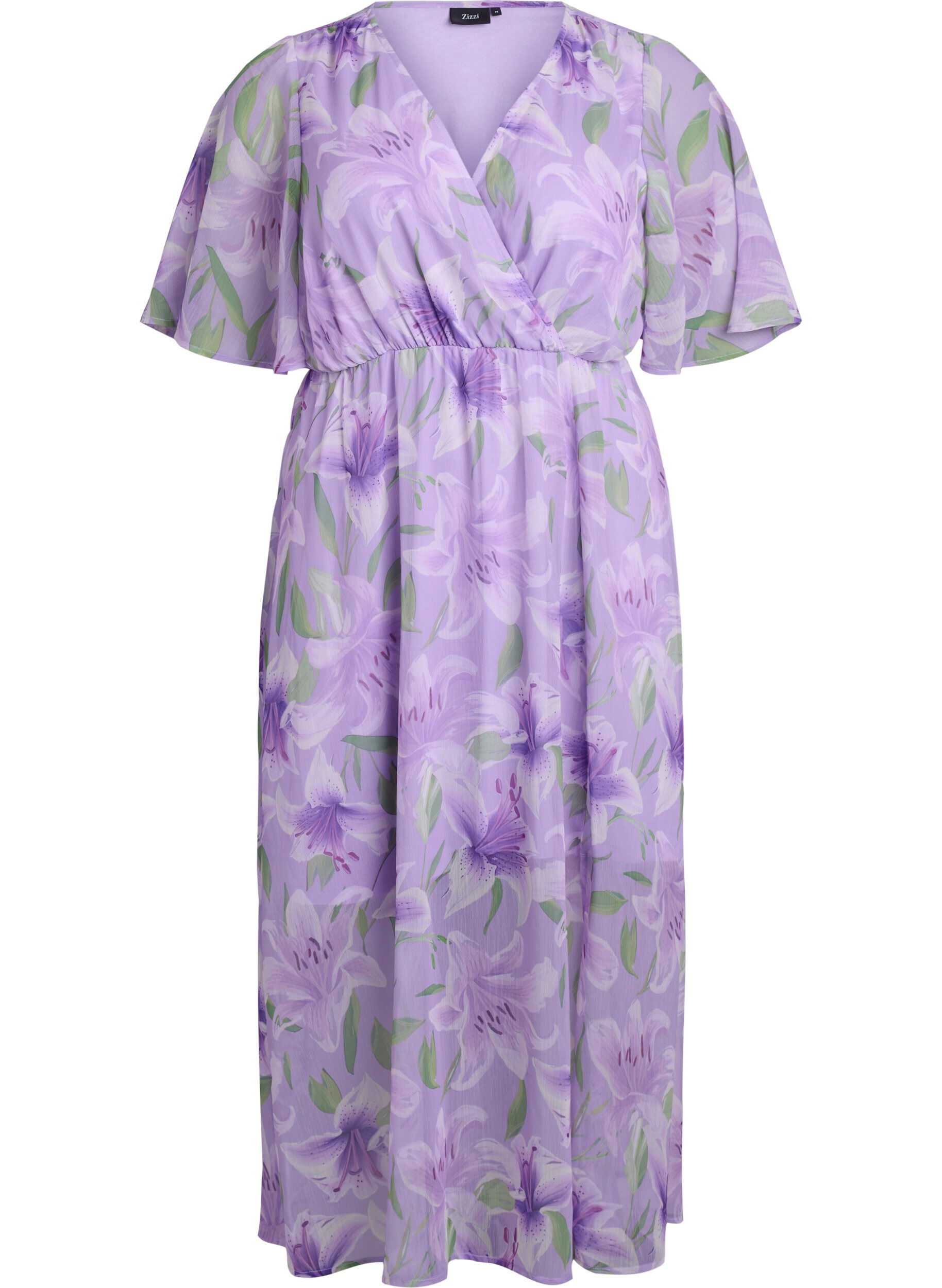 Zizzi Robe longue en chiffon imprim&eacute; floral et manches courtes, Mauve, Packshot image number 0