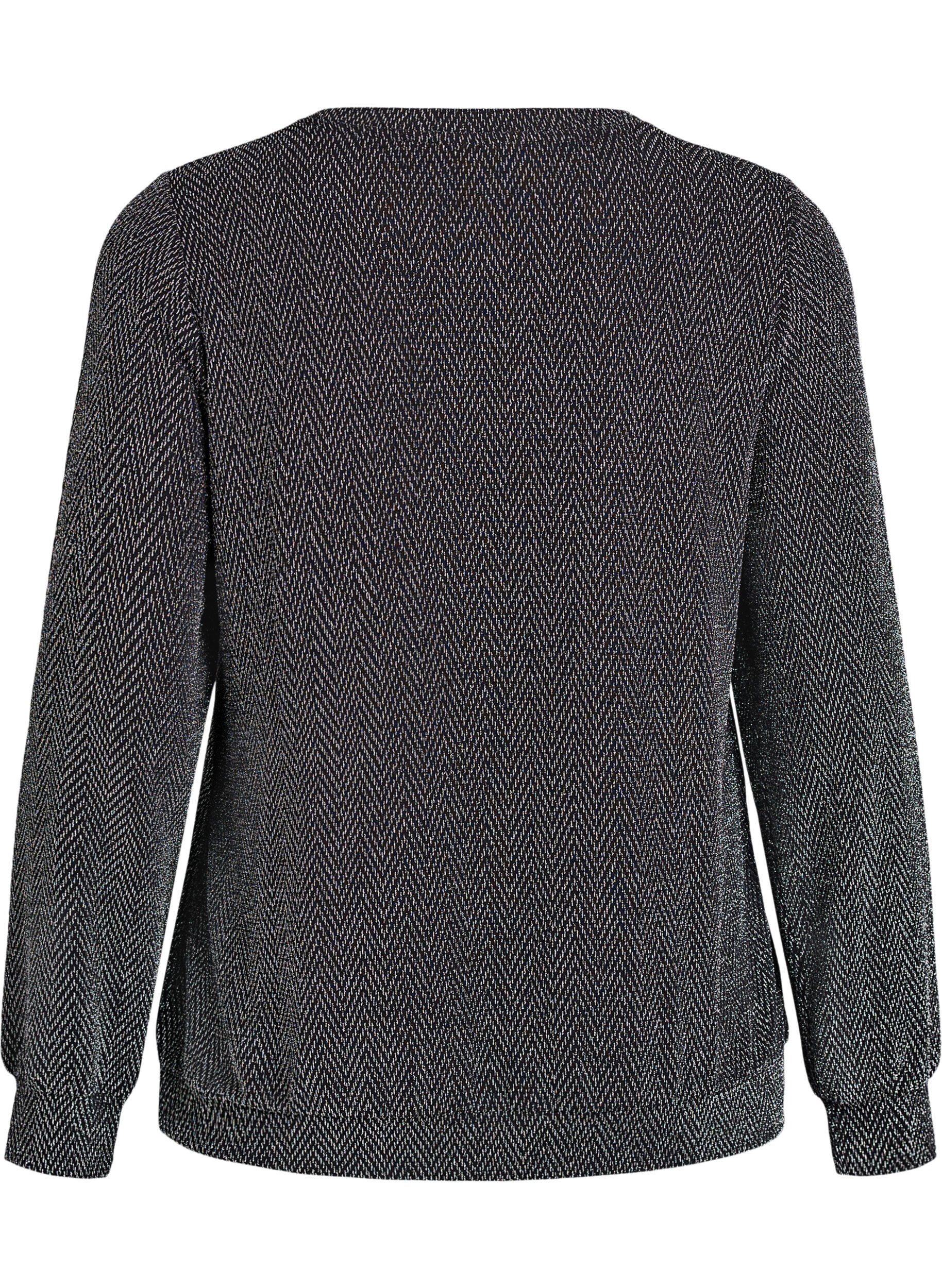 Zizzi Bluse mit Fischgr&auml;tenmuster und Glitzerfaden, Schwarz, Packshot image number 1