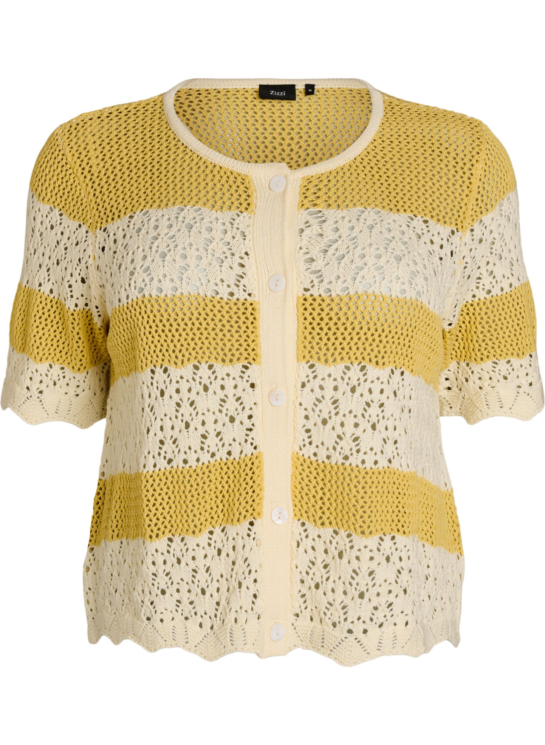 Zizzi Cardigan en maille avec broderie ajour&eacute;e et rayures, Jaune moutarde, Packshot image number 0