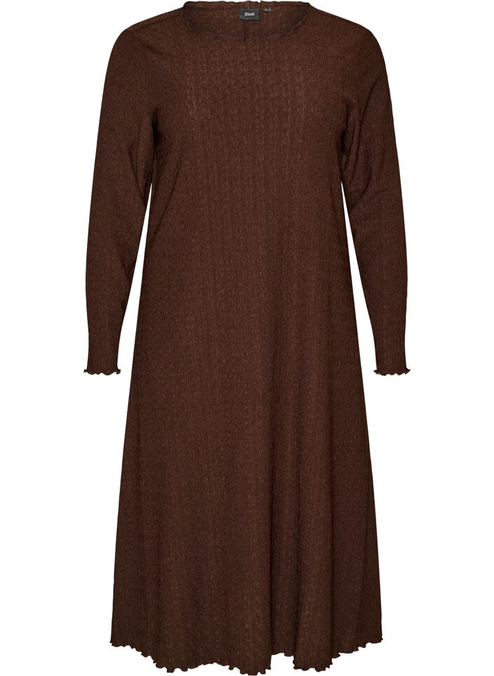 Robe midi avec une texture ondul&eacute;e et des manches longues, Marron, Packshot image number 0