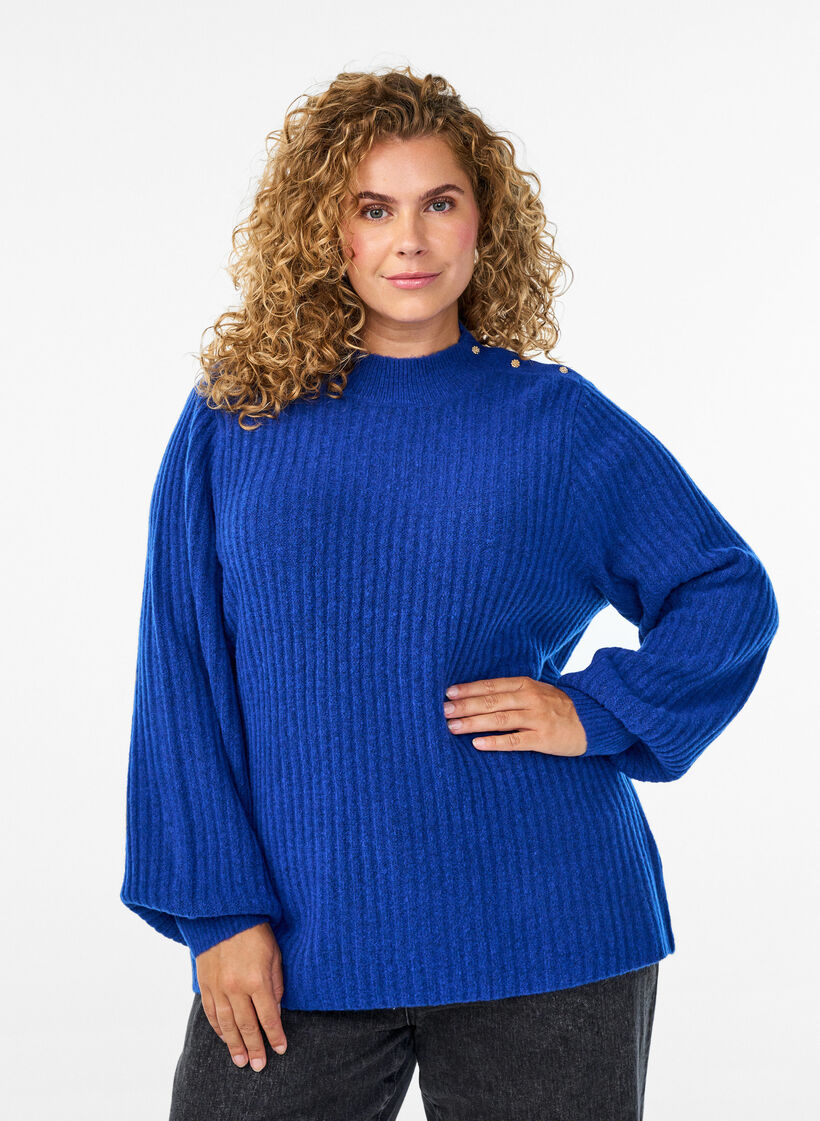 Pull c&ocirc;tel&eacute; &agrave; manches bouffantes et boutons, Bleu, Model image number 0