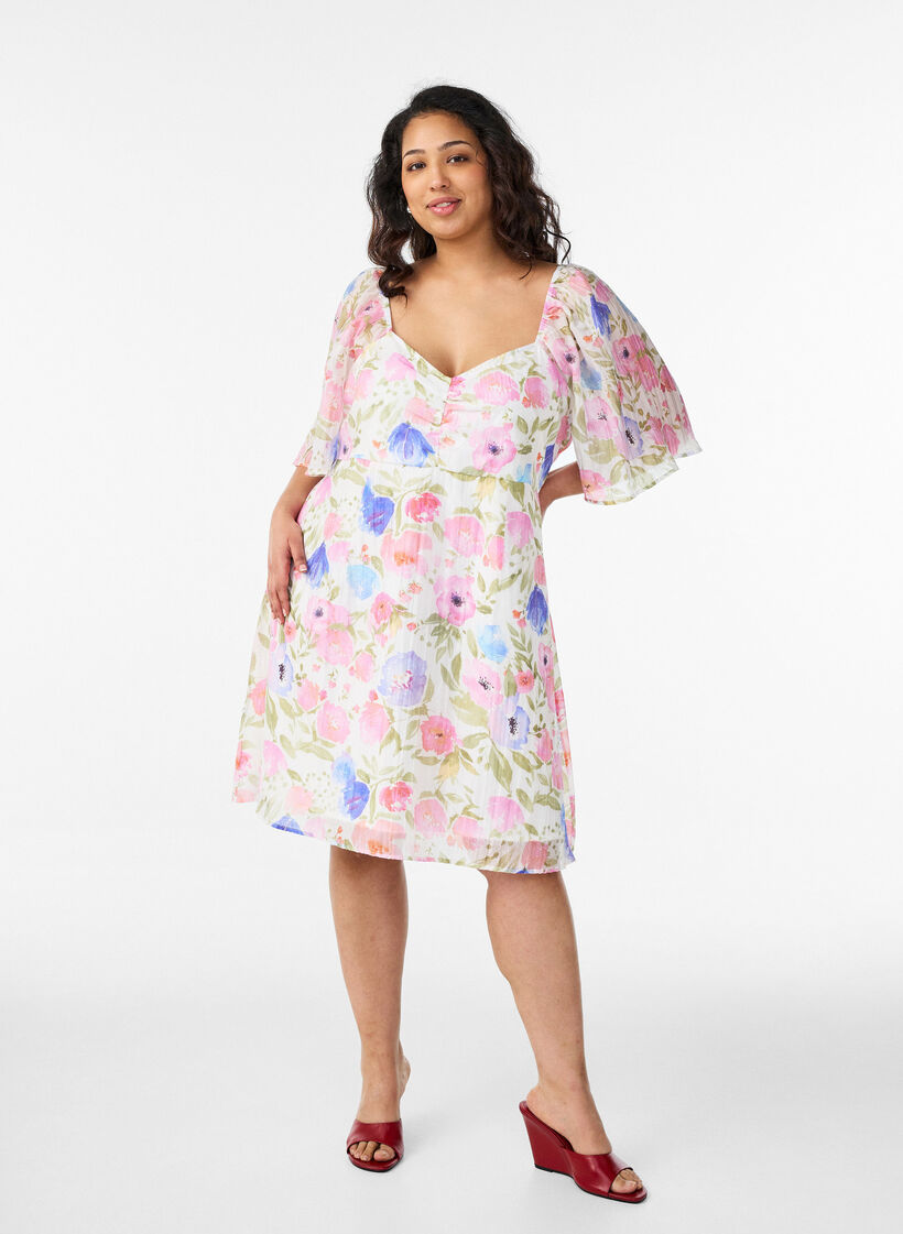 Robe empire &agrave; imprim&eacute; floral avec un large d&eacute;collet&eacute; en V, Blanc, Model