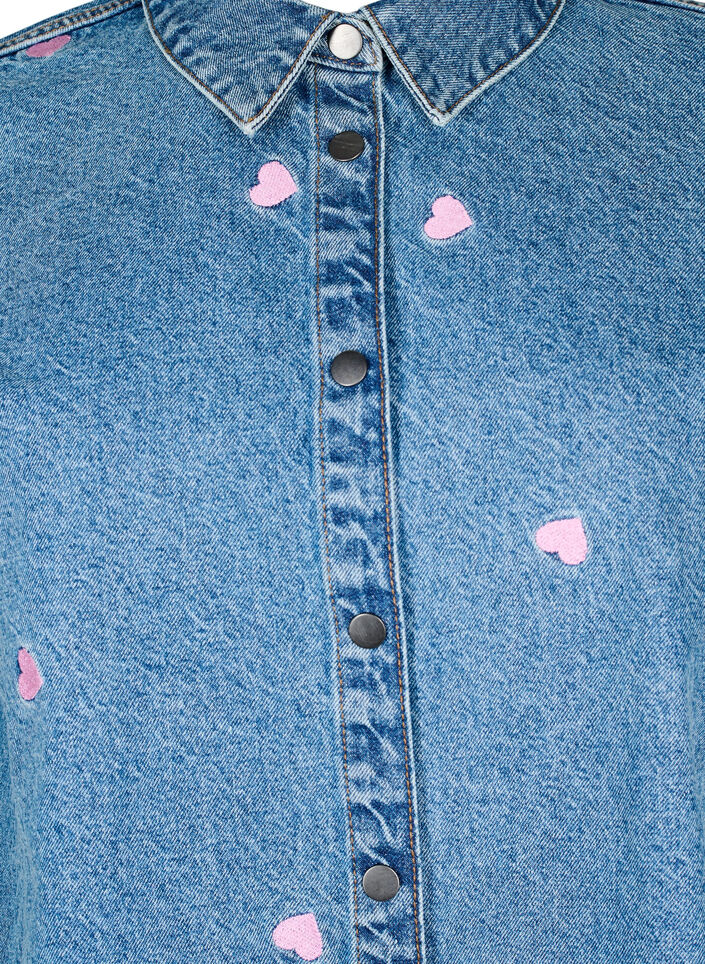 Chemise ample en jean avec cœurs brodés, Light Blue Heart, Packshot image number 2