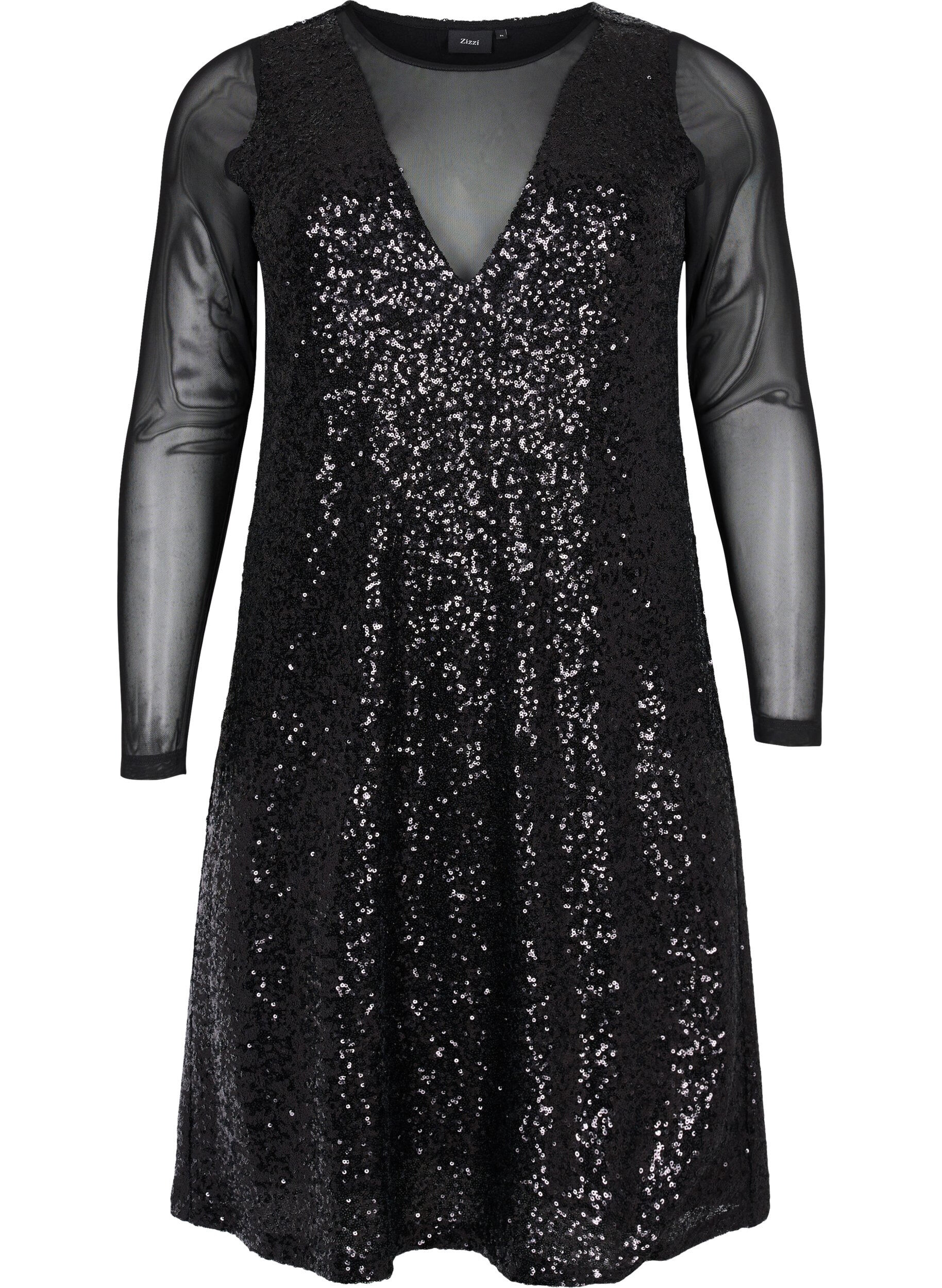 Zizzi A-Linie-Paillettenkleid mit langen &Auml;rmeln, Black, Packshot image number 0
