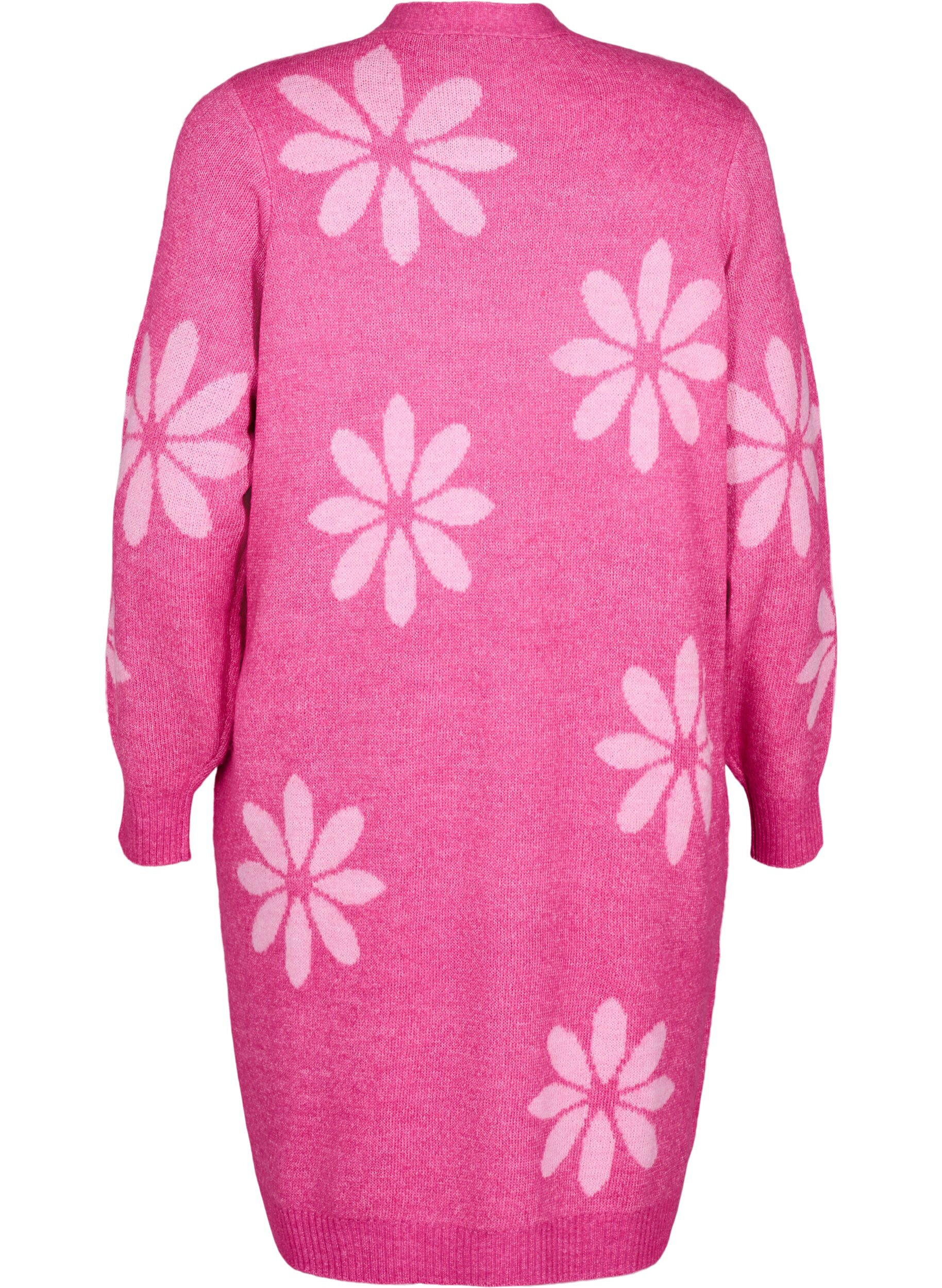 Zizzi Cardigan long en maille avec des fleurs, Raspberry Rose Comb, Packshot image number 1