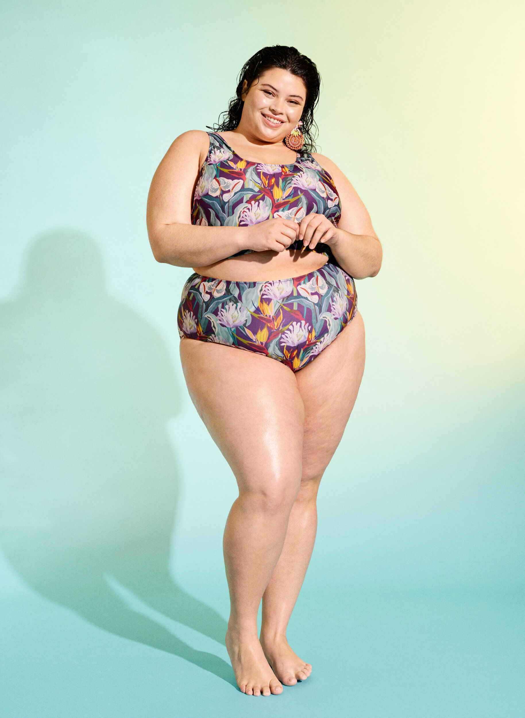 Zizzi Bas de bikini taille haute avec imprim&eacute;, Vert clair, Image image number 0
