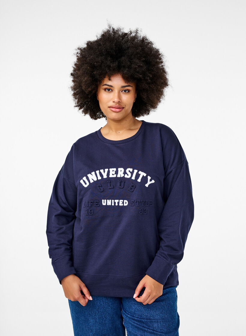 Sweat-shirt avec imprimé texte en relief, Bleu, Model image number 0