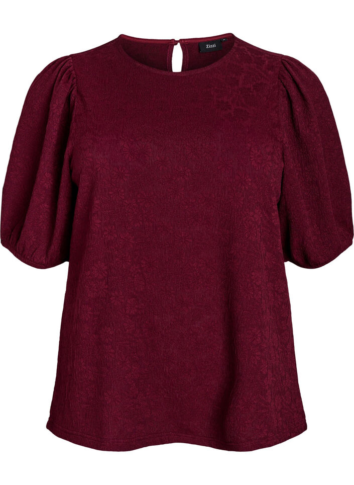 Strukturierte Bluse mit kurzen &Auml;rmeln, Dunkles Bordeaux, Packshot image number 0