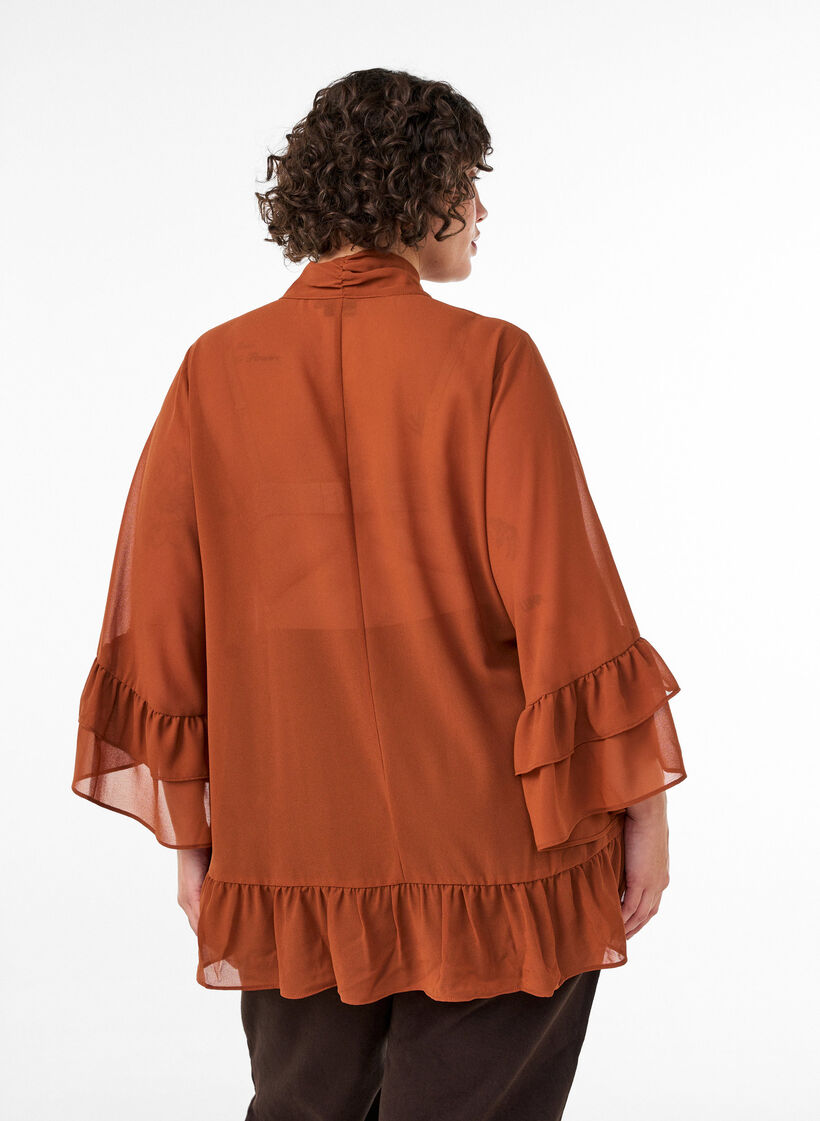 Bluse mit Bindeband und R&uuml;schendetails, Braun, Model image number 2