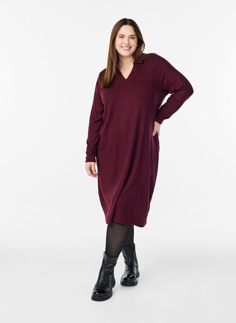 Kleid mit Zopfmuster und V-Ausschnitt, Dunkles Bordeaux, Model image number 1