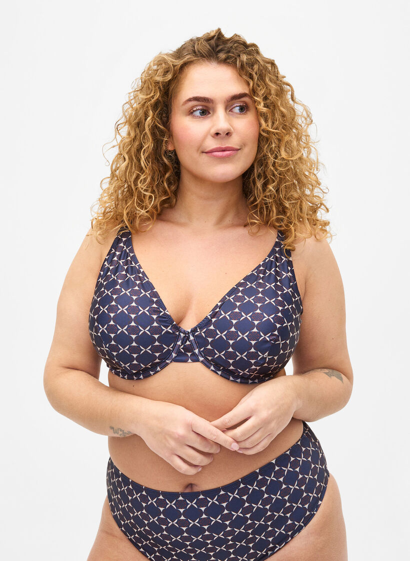 Bas de bikini taille haute avec jambe échancrée, Bleu, Model image number 0