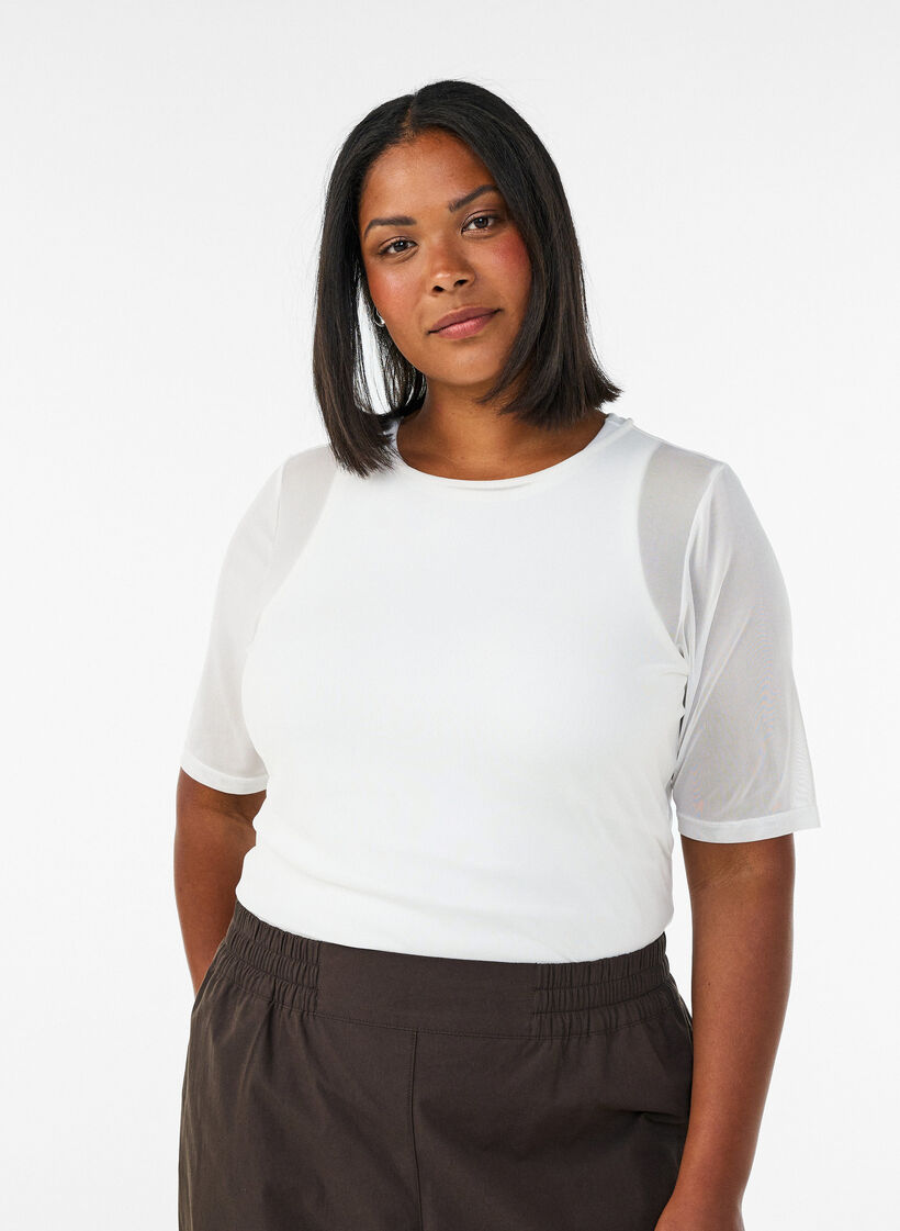Top en maille avec manches courtes et col rond, Vanille, Model image number 0