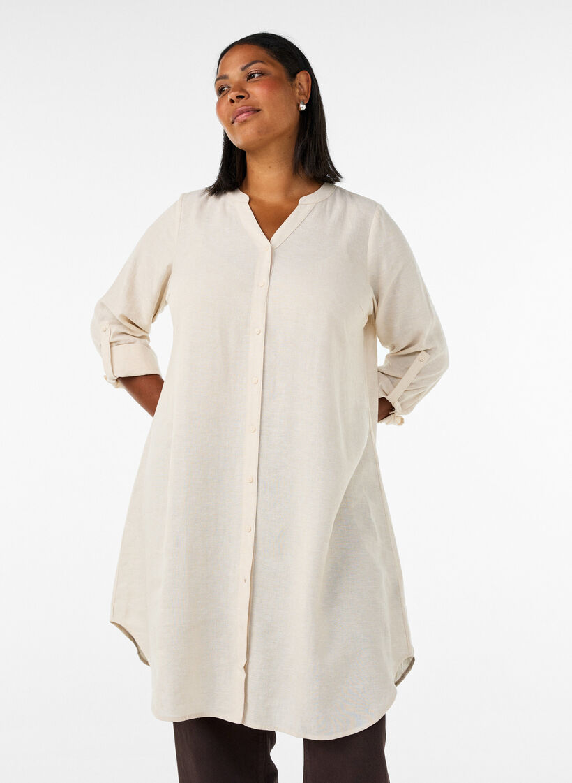 Lange Bluse aus Leinen und Viskose, Beige, Model image number 1
