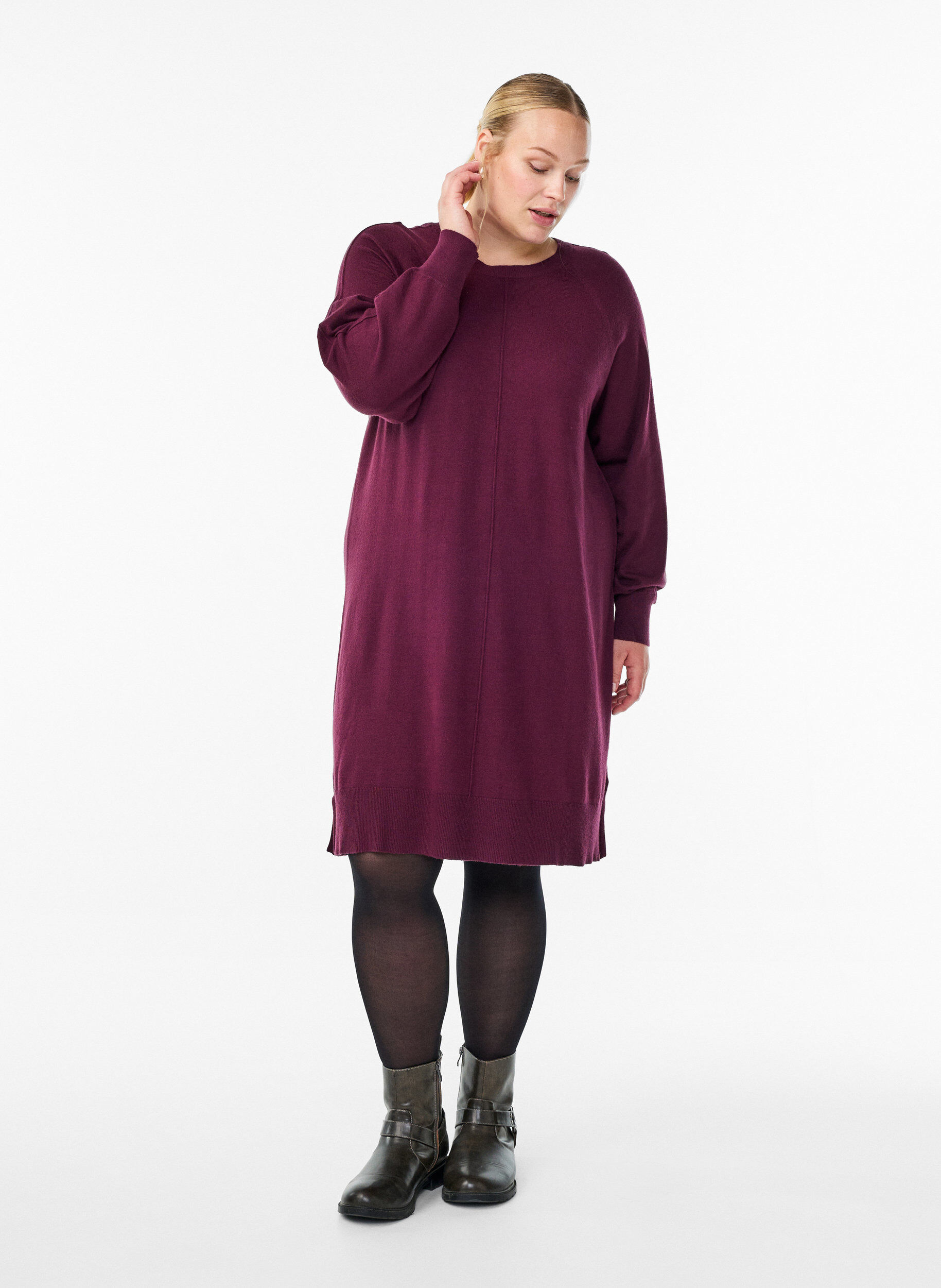 Zizzi Strickkleid mit Raglan&auml;rmeln und Mittelnaht, Dunkles Bordeaux, Model image number 1