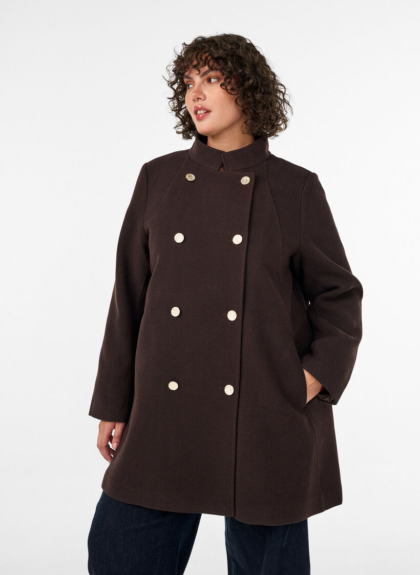Manteau coupe &eacute;vas&eacute;e avec boutons dor&eacute;s, Marron, Model image number 0