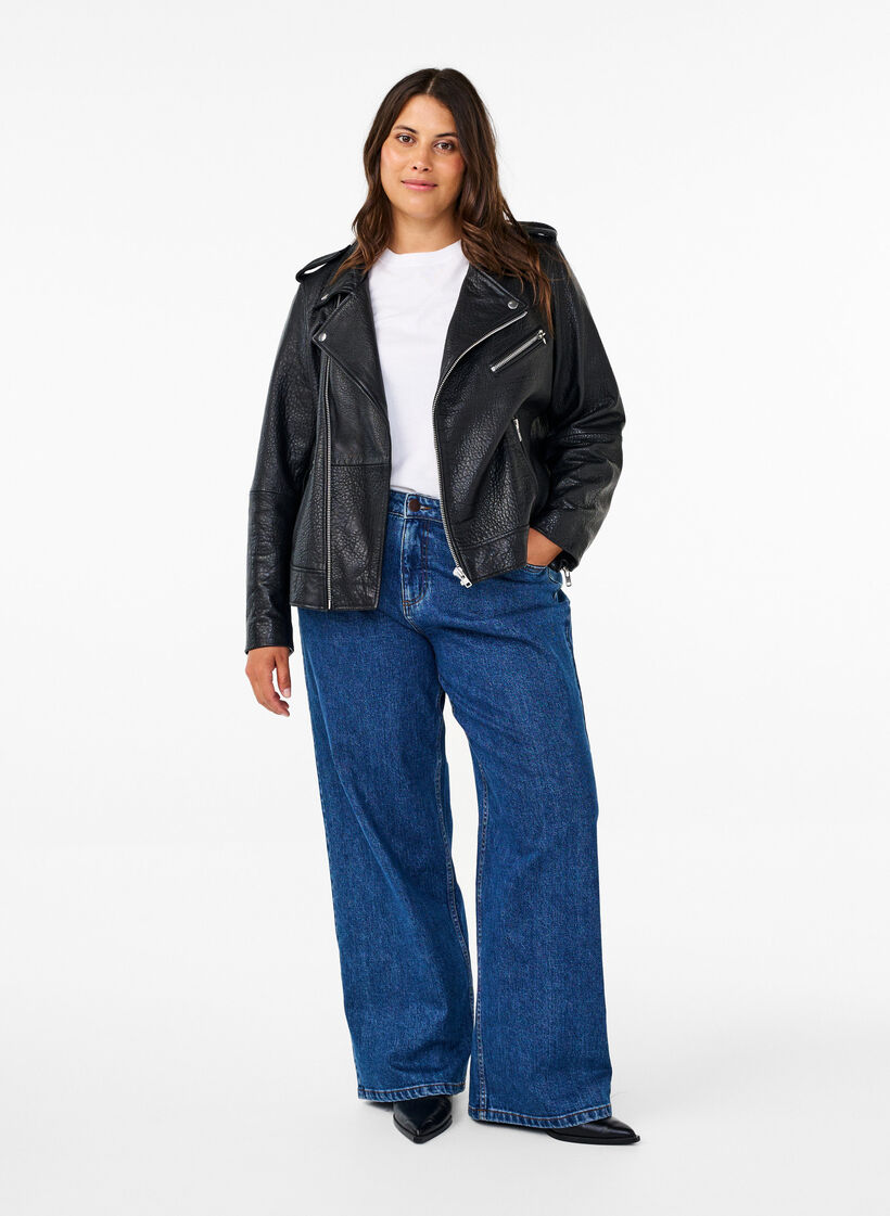 Veste de motard en cuir avec des poches, Black, Model image number 2