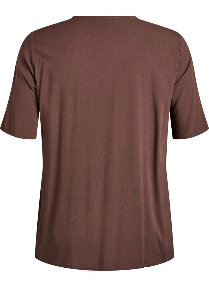 Kurz&auml;rmelige, gewebte Bluse mit Rundhals, Braun, Packshot image number 1